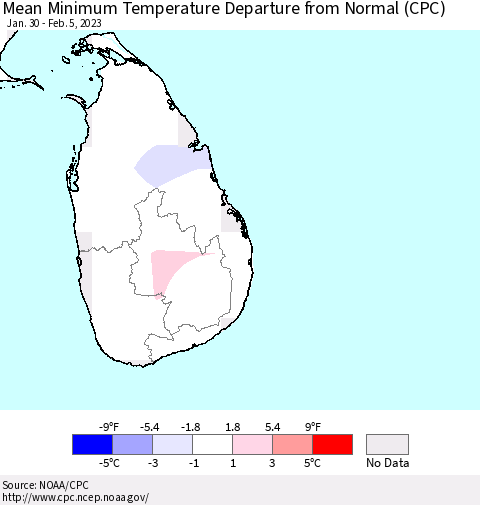 Sri Lanka Mean Minimum Temperature Departure from Normal (CPC) Thematic Map For 1/30/2023 - 2/5/2023