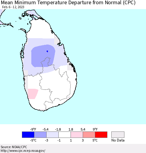 Sri Lanka Mean Minimum Temperature Departure from Normal (CPC) Thematic Map For 2/6/2023 - 2/12/2023