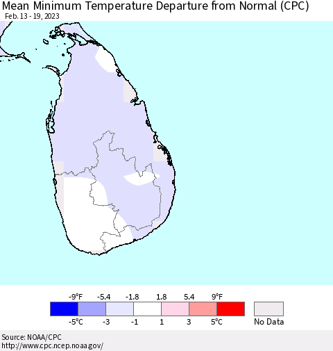 Sri Lanka Mean Minimum Temperature Departure from Normal (CPC) Thematic Map For 2/13/2023 - 2/19/2023