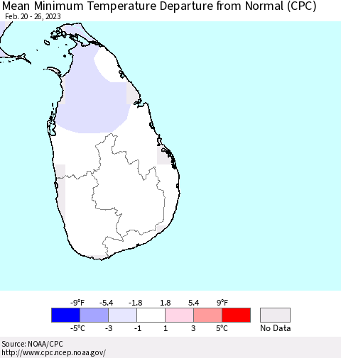 Sri Lanka Mean Minimum Temperature Departure from Normal (CPC) Thematic Map For 2/20/2023 - 2/26/2023