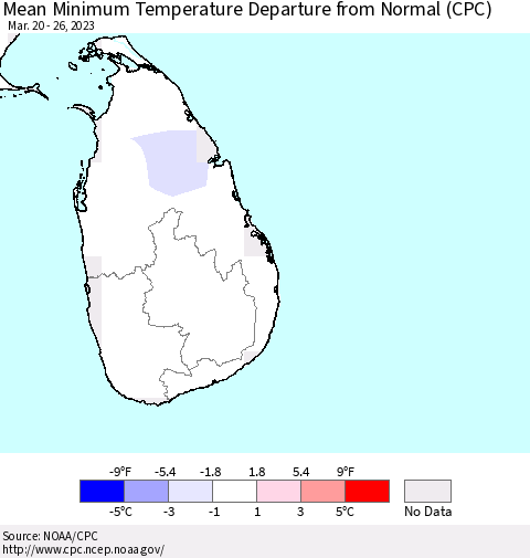 Sri Lanka Mean Minimum Temperature Departure from Normal (CPC) Thematic Map For 3/20/2023 - 3/26/2023