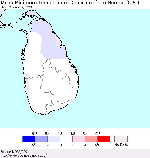 Sri Lanka Mean Minimum Temperature Departure from Normal (CPC) Thematic Map For 3/27/2023 - 4/2/2023