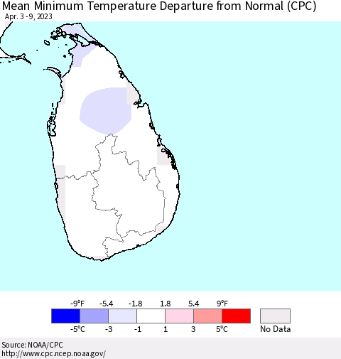Sri Lanka Mean Minimum Temperature Departure from Normal (CPC) Thematic Map For 4/3/2023 - 4/9/2023