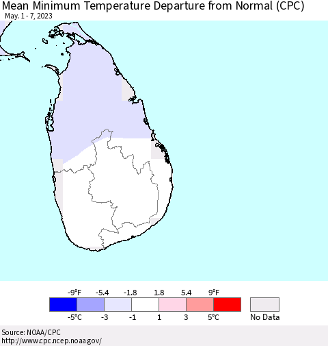 Sri Lanka Mean Minimum Temperature Departure from Normal (CPC) Thematic Map For 5/1/2023 - 5/7/2023