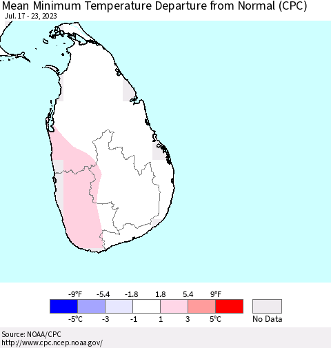 Sri Lanka Mean Minimum Temperature Departure from Normal (CPC) Thematic Map For 7/17/2023 - 7/23/2023