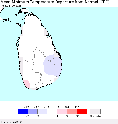 Sri Lanka Mean Minimum Temperature Departure from Normal (CPC) Thematic Map For 8/14/2023 - 8/20/2023