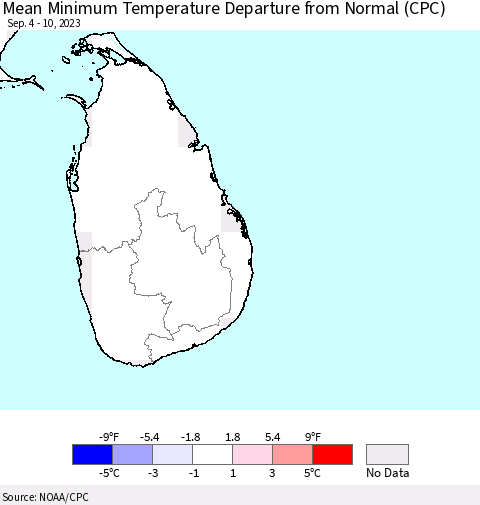Sri Lanka Mean Minimum Temperature Departure from Normal (CPC) Thematic Map For 9/4/2023 - 9/10/2023