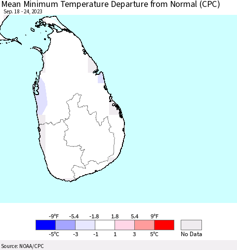 Sri Lanka Mean Minimum Temperature Departure from Normal (CPC) Thematic Map For 9/18/2023 - 9/24/2023
