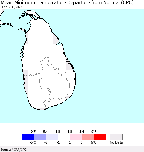 Sri Lanka Mean Minimum Temperature Departure from Normal (CPC) Thematic Map For 10/2/2023 - 10/8/2023