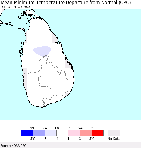 Sri Lanka Mean Minimum Temperature Departure from Normal (CPC) Thematic Map For 10/30/2023 - 11/5/2023