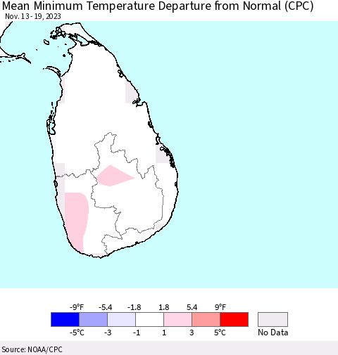 Sri Lanka Mean Minimum Temperature Departure from Normal (CPC) Thematic Map For 11/13/2023 - 11/19/2023