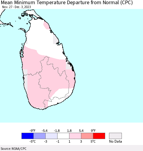 Sri Lanka Mean Minimum Temperature Departure from Normal (CPC) Thematic Map For 11/27/2023 - 12/3/2023