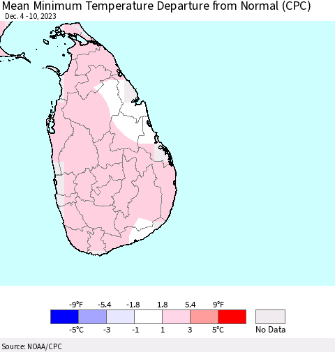 Sri Lanka Mean Minimum Temperature Departure from Normal (CPC) Thematic Map For 12/4/2023 - 12/10/2023