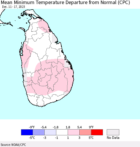 Sri Lanka Mean Minimum Temperature Departure from Normal (CPC) Thematic Map For 12/11/2023 - 12/17/2023