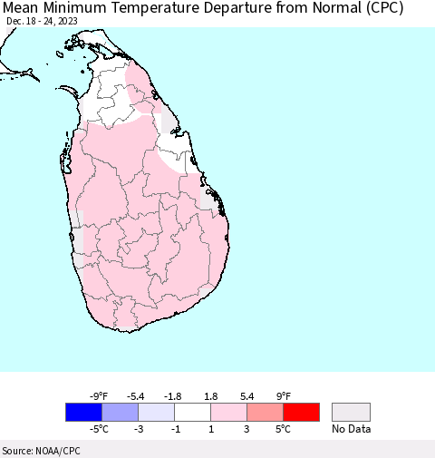 Sri Lanka Mean Minimum Temperature Departure from Normal (CPC) Thematic Map For 12/18/2023 - 12/24/2023