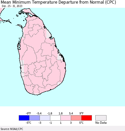 Sri Lanka Mean Minimum Temperature Departure from Normal (CPC) Thematic Map For 12/25/2023 - 12/31/2023