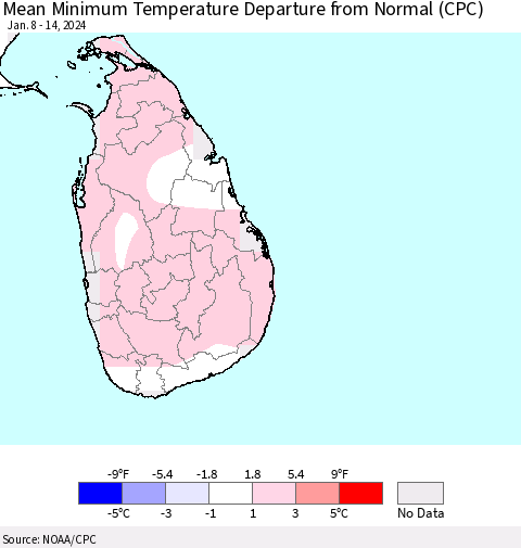 Sri Lanka Mean Minimum Temperature Departure from Normal (CPC) Thematic Map For 1/8/2024 - 1/14/2024