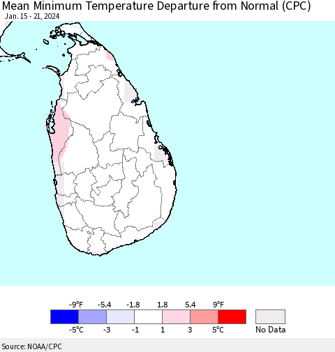 Sri Lanka Mean Minimum Temperature Departure from Normal (CPC) Thematic Map For 1/15/2024 - 1/21/2024