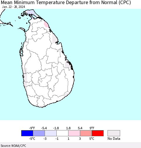 Sri Lanka Mean Minimum Temperature Departure from Normal (CPC) Thematic Map For 1/22/2024 - 1/28/2024