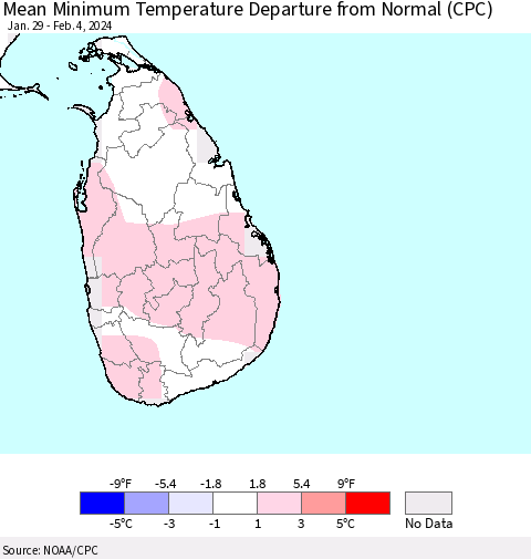 Sri Lanka Mean Minimum Temperature Departure from Normal (CPC) Thematic Map For 1/29/2024 - 2/4/2024