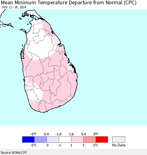 Sri Lanka Mean Minimum Temperature Departure from Normal (CPC) Thematic Map For 2/12/2024 - 2/18/2024