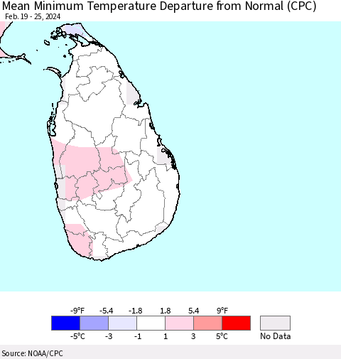 Sri Lanka Mean Minimum Temperature Departure from Normal (CPC) Thematic Map For 2/19/2024 - 2/25/2024