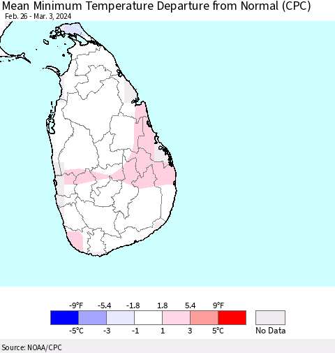 Sri Lanka Mean Minimum Temperature Departure from Normal (CPC) Thematic Map For 2/26/2024 - 3/3/2024