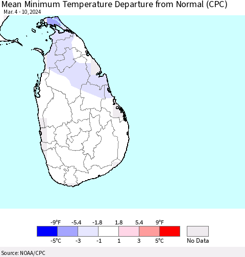 Sri Lanka Mean Minimum Temperature Departure from Normal (CPC) Thematic Map For 3/4/2024 - 3/10/2024