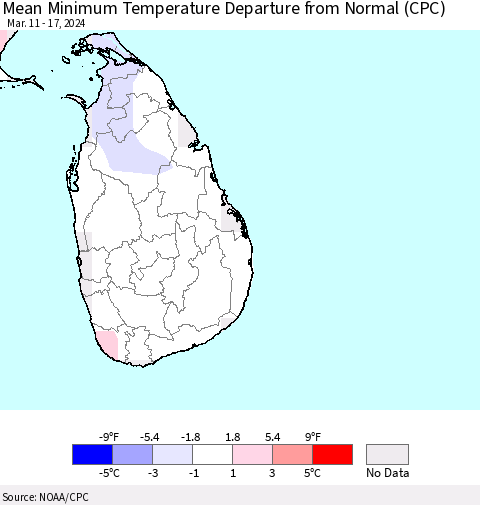 Sri Lanka Mean Minimum Temperature Departure from Normal (CPC) Thematic Map For 3/11/2024 - 3/17/2024