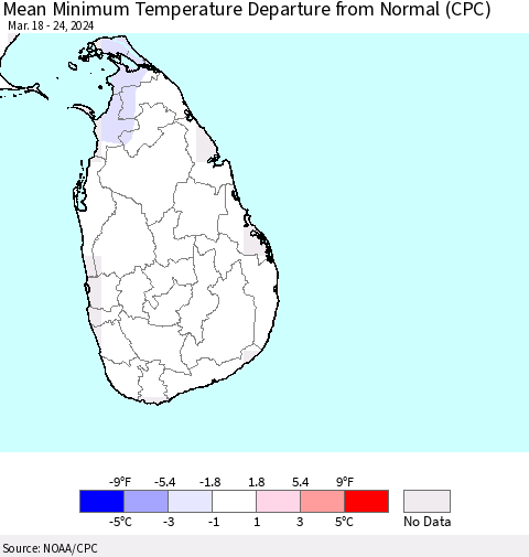 Sri Lanka Mean Minimum Temperature Departure from Normal (CPC) Thematic Map For 3/18/2024 - 3/24/2024