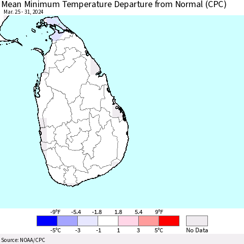 Sri Lanka Mean Minimum Temperature Departure from Normal (CPC) Thematic Map For 3/25/2024 - 3/31/2024