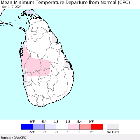 Sri Lanka Mean Minimum Temperature Departure from Normal (CPC) Thematic Map For 4/1/2024 - 4/7/2024