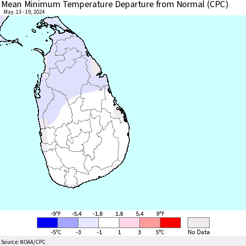 Sri Lanka Mean Minimum Temperature Departure from Normal (CPC) Thematic Map For 5/13/2024 - 5/19/2024
