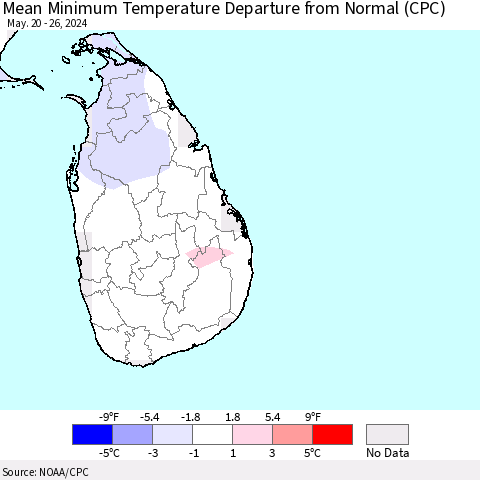 Sri Lanka Mean Minimum Temperature Departure from Normal (CPC) Thematic Map For 5/20/2024 - 5/26/2024