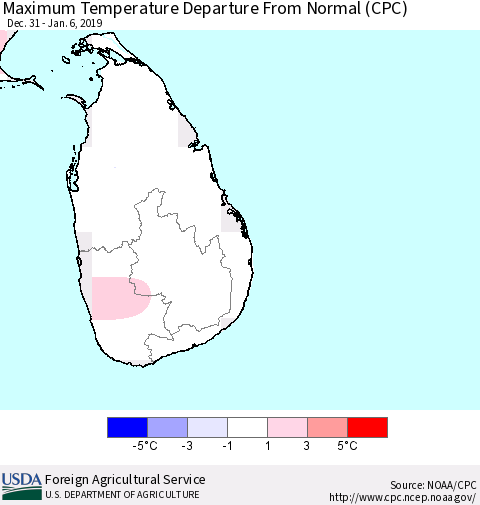 Sri Lanka Mean Maximum Temperature Departure from Normal (CPC) Thematic Map For 12/31/2018 - 1/6/2019