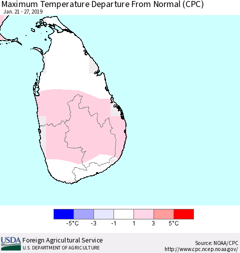 Sri Lanka Mean Maximum Temperature Departure from Normal (CPC) Thematic Map For 1/21/2019 - 1/27/2019