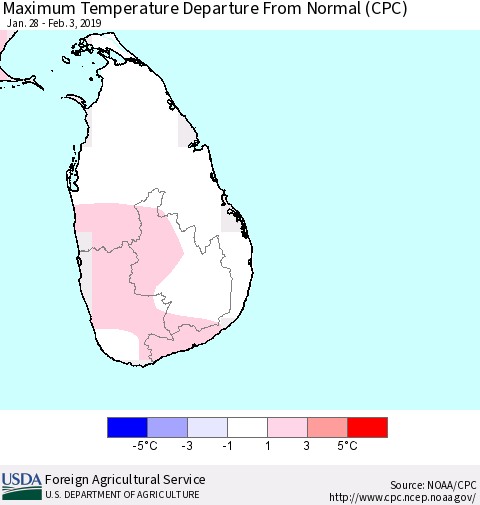 Sri Lanka Mean Maximum Temperature Departure from Normal (CPC) Thematic Map For 1/28/2019 - 2/3/2019