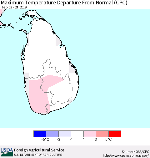 Sri Lanka Mean Maximum Temperature Departure from Normal (CPC) Thematic Map For 2/18/2019 - 2/24/2019