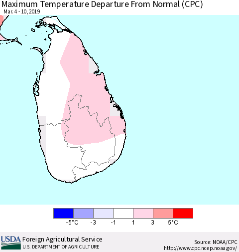 Sri Lanka Mean Maximum Temperature Departure from Normal (CPC) Thematic Map For 3/4/2019 - 3/10/2019