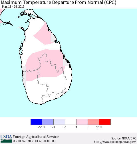 Sri Lanka Mean Maximum Temperature Departure from Normal (CPC) Thematic Map For 3/18/2019 - 3/24/2019