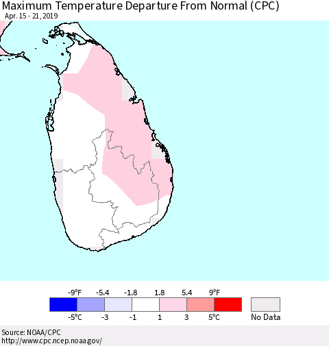Sri Lanka Mean Maximum Temperature Departure from Normal (CPC) Thematic Map For 4/15/2019 - 4/21/2019