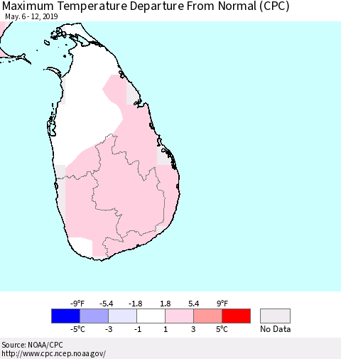 Sri Lanka Maximum Temperature Departure From Normal (CPC) Thematic Map For 5/6/2019 - 5/12/2019