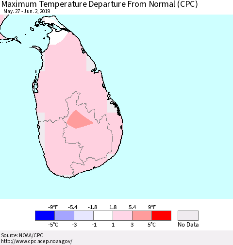 Sri Lanka Mean Maximum Temperature Departure from Normal (CPC) Thematic Map For 5/27/2019 - 6/2/2019