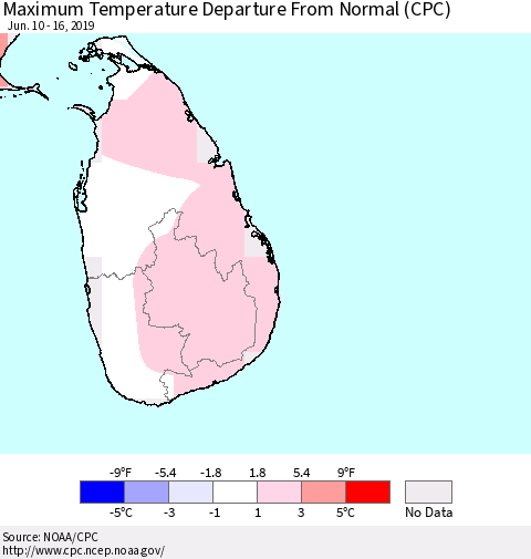 Sri Lanka Mean Maximum Temperature Departure from Normal (CPC) Thematic Map For 6/10/2019 - 6/16/2019