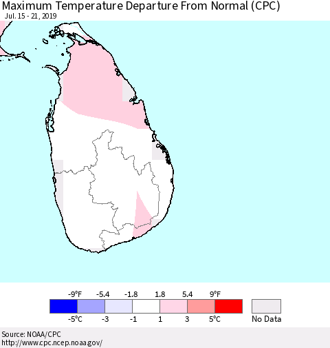 Sri Lanka Maximum Temperature Departure From Normal (CPC) Thematic Map For 7/15/2019 - 7/21/2019