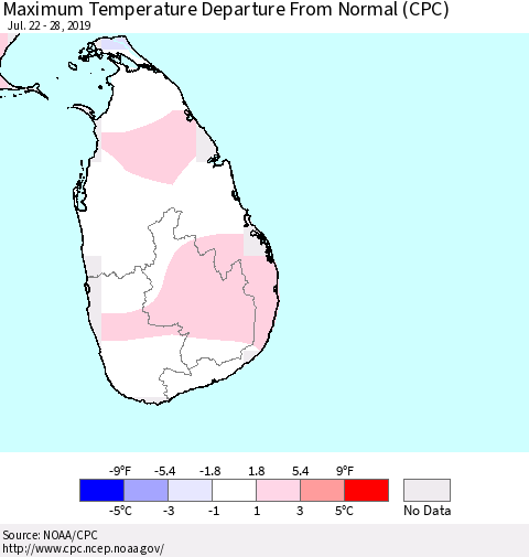 Sri Lanka Maximum Temperature Departure From Normal (CPC) Thematic Map For 7/22/2019 - 7/28/2019