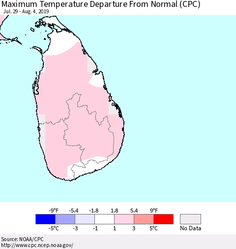 Sri Lanka Maximum Temperature Departure From Normal (CPC) Thematic Map For 7/29/2019 - 8/4/2019