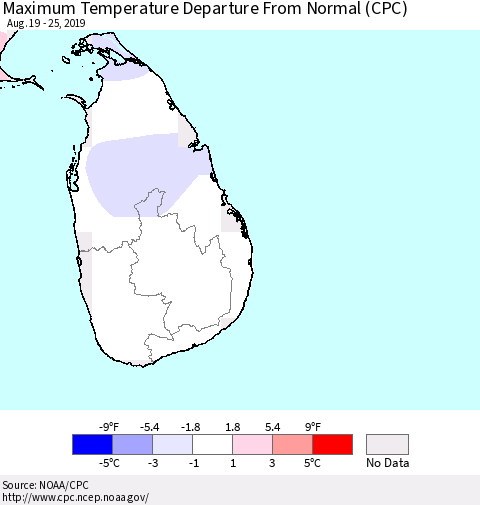 Sri Lanka Maximum Temperature Departure From Normal (CPC) Thematic Map For 8/19/2019 - 8/25/2019