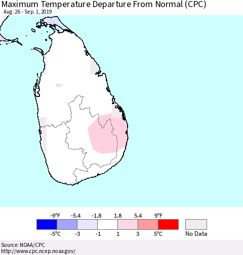 Sri Lanka Maximum Temperature Departure From Normal (CPC) Thematic Map For 8/26/2019 - 9/1/2019