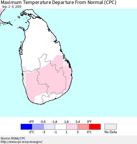Sri Lanka Mean Maximum Temperature Departure from Normal (CPC) Thematic Map For 9/2/2019 - 9/8/2019